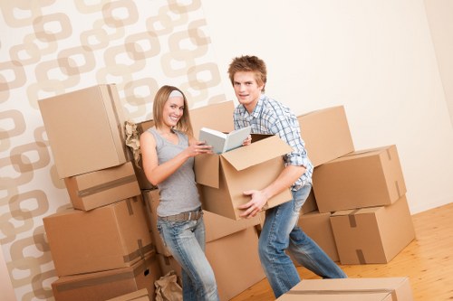 Packed moving boxes prepared for transport